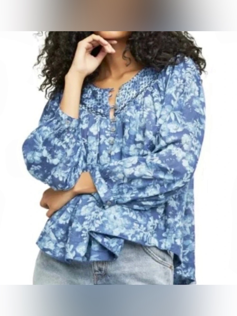 We The Free Blue Floral Cotton Button Up Blouse - Size M